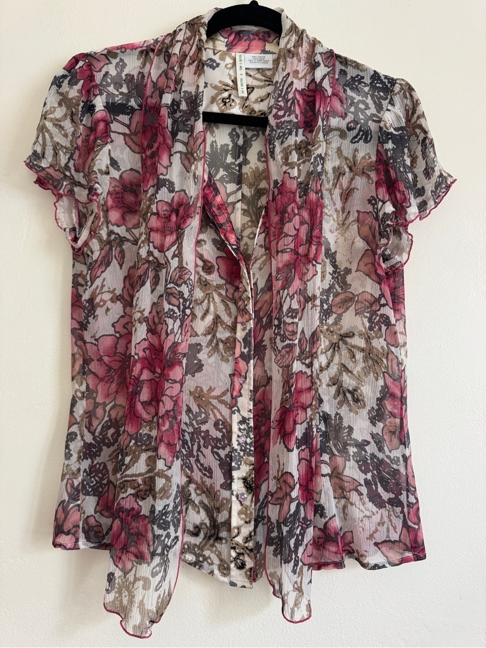 Vintage Tom K Nguyen Silk Floral Tie-Neck Blouse, Size 8